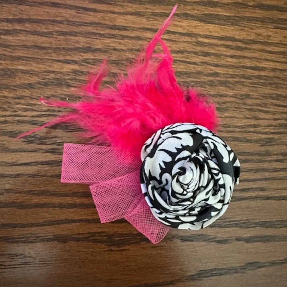 Hot Pink Feather with Damask Print Rolled Rose Hair Clip  5B4566